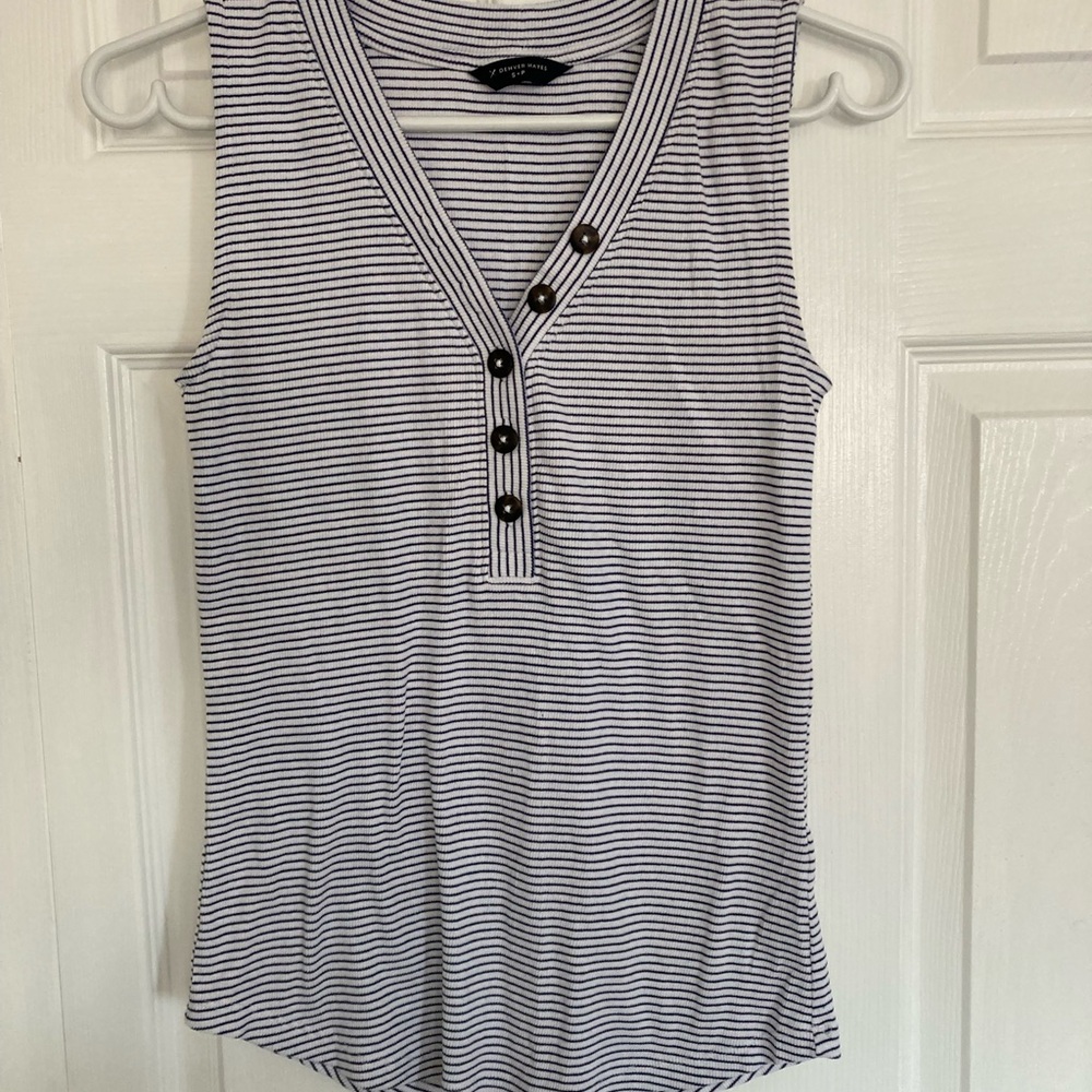 Women's Navy & White Striped Sleeveless Henley Tank Top